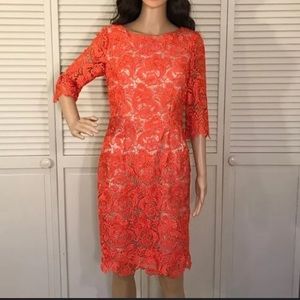 Eliza J Embroidered Lace Overlay Sheath Quarter Sleeves Dress with Slit size 10